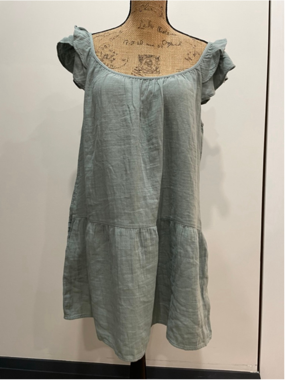 GAP Green Cotton Gauze Large Petite Tiered Dress Boho Lagenlook Coastal